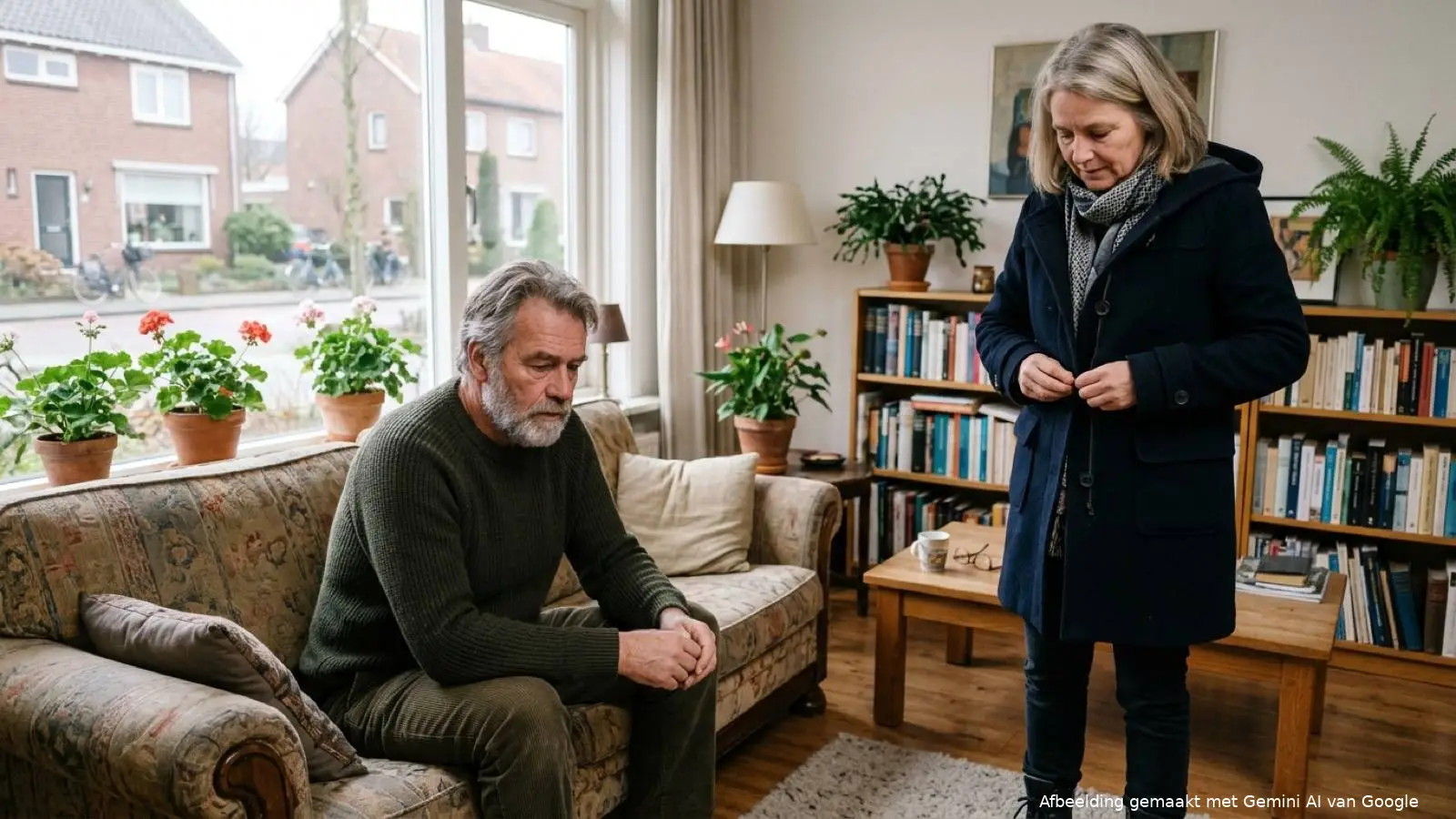 Nederlandse man en zijn werkende partner thuis in de woonkamer bij haar vertrek naar het werk