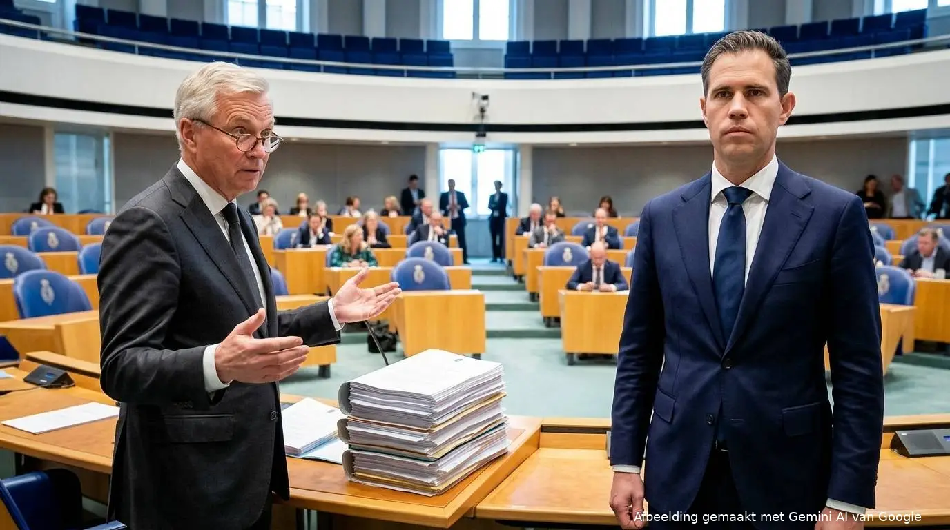 VVD-staatssecretaris Eric van der Burg en VVD-minister Eelco Heinen achter stapels ambtenarenrapporten in Vak K