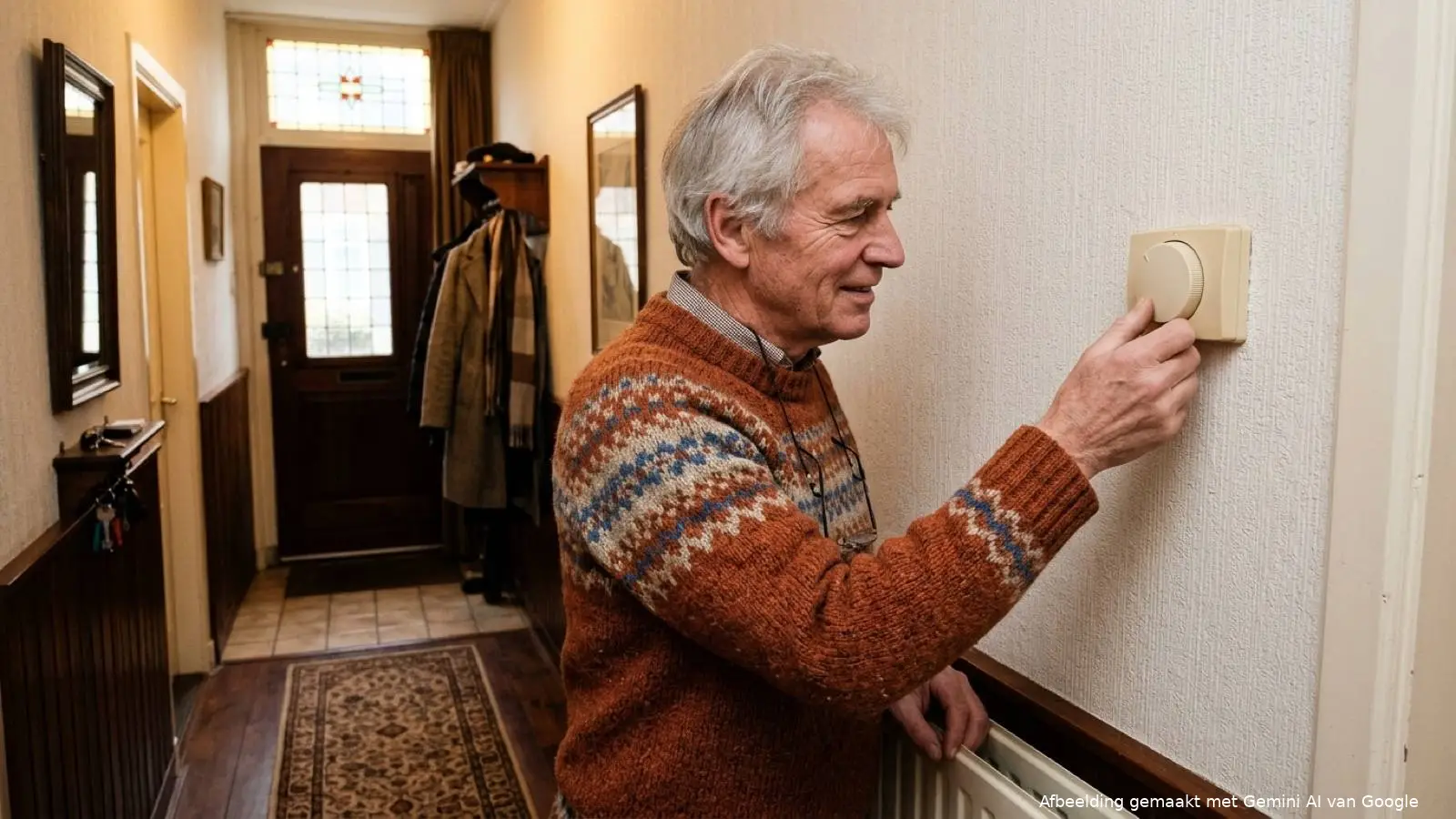 Nederlandse man in zijn gang die de thermostaat van de verwarming bijstelt na hogere gasprijzen