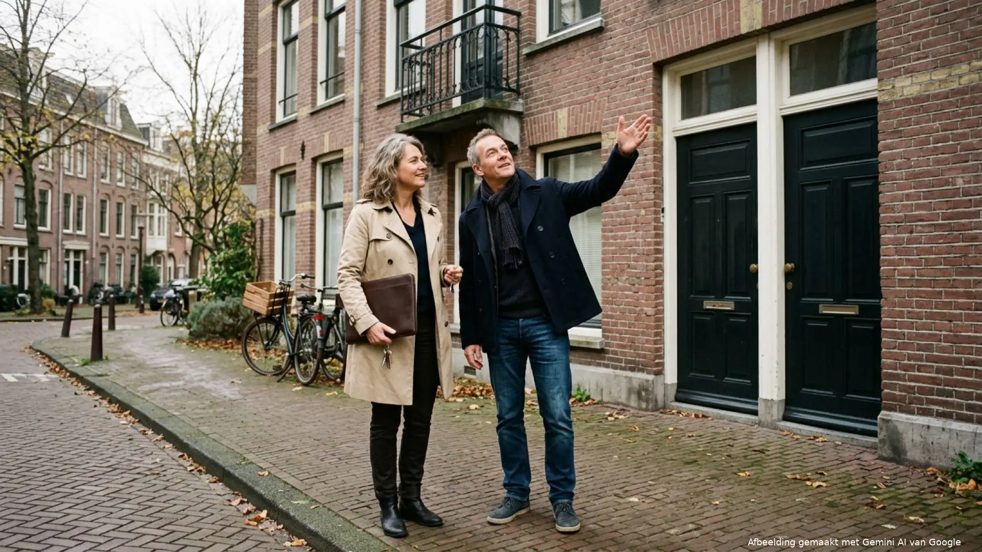 Volwassen broer en zus staan op de stoep voor een verhuurde bovenwoning met een map documenten in de hand.