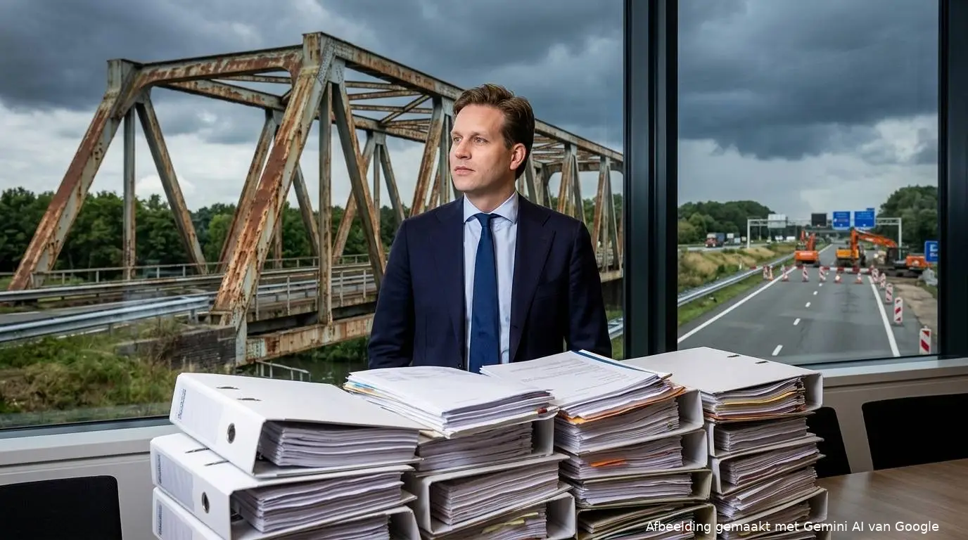 VVD-minister Vincent Karremans achter stapels aanbestedingsdossiers, met een roestige stalen brug en wegwerkzaamheden