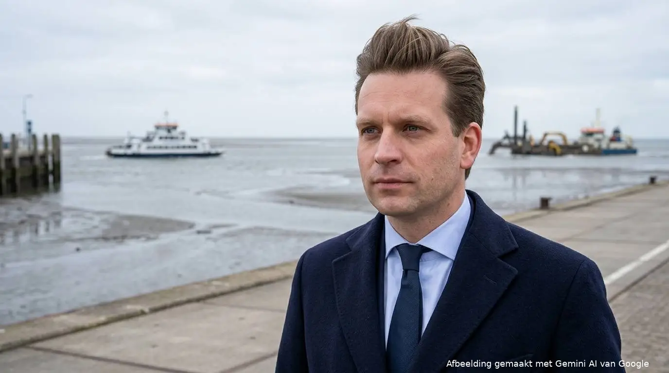 VVD-minister Vincent Karremans bij de veerboot en het baggerschip in de vaargeul naar Ameland