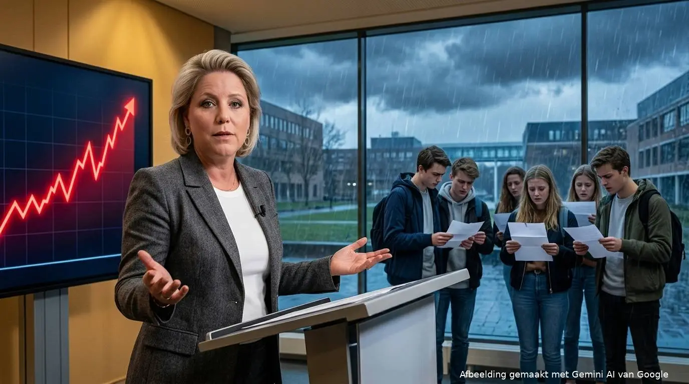 Illustratie van Minister Rianne Letschert bij een lessenaar met op de achtergrond studenten in de regen en een rood stijgende rentegrafiek.