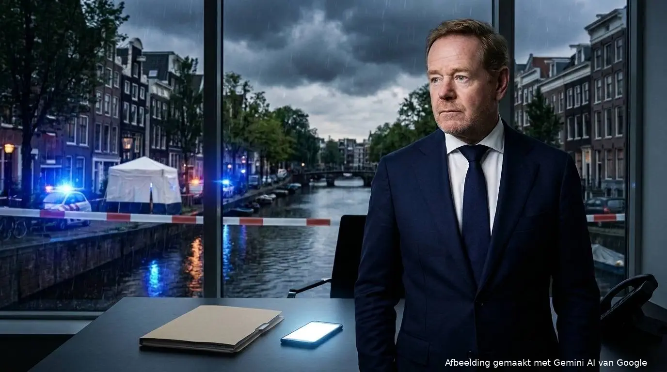 Illustratie van Minister David van Weel bij een gesloten dossier met op de achtergrond blauwe zwaailichten en politielint in Amsterdam.