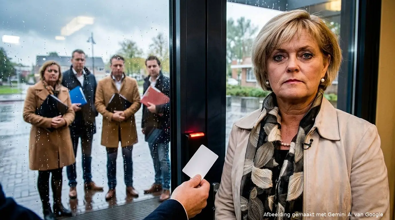 Burgemeester Marleen Sijbers bij een gesloten gemeentehuisdeur met rood oplichtende paslezer en raadsleden buiten in de regen.