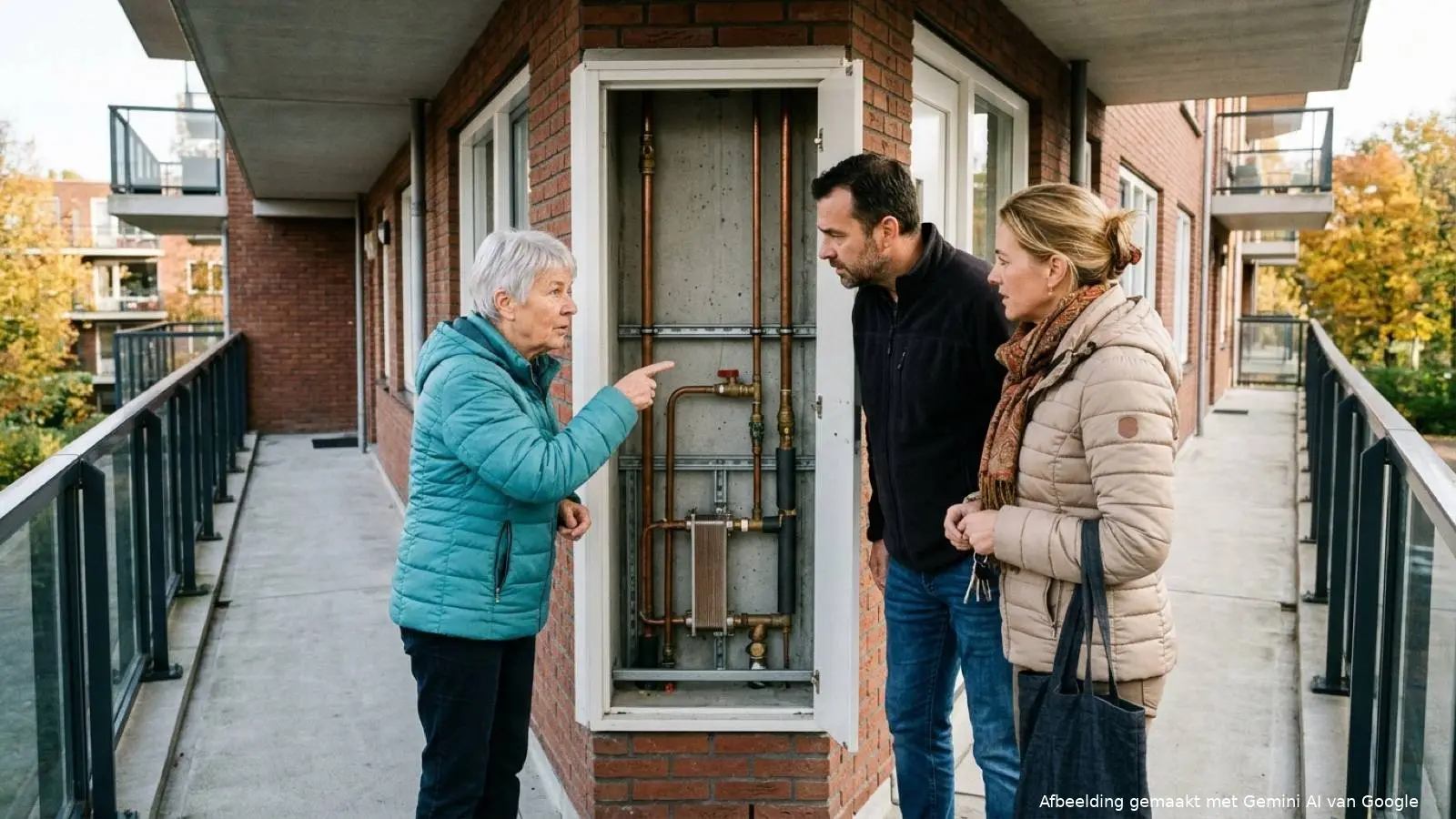 Drie Nederlandse buren bekijken op de galerij van hun appartementencomplex de technische kast van het warmtenet.