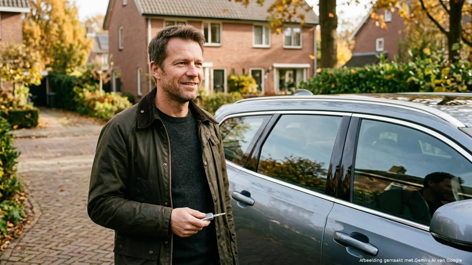 Nederlandse ondernemer in olijfgroene jas staat op een oprit met autosleutel naast zijn donkergrijze stationwagen.