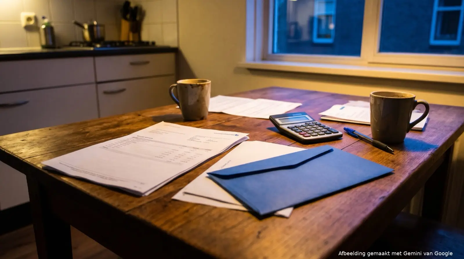 Een keukentafel met een bankafschrift, een blauwe envelop, een rekenmachine en twee koffiemokken in warm avondlicht.