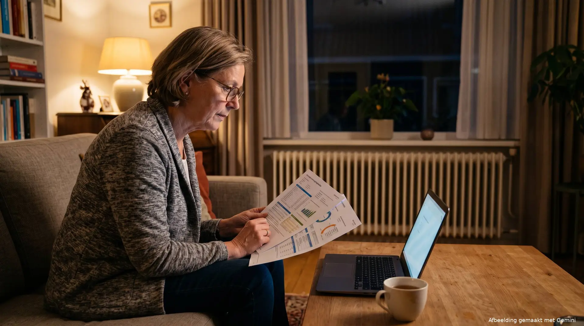 Vrouw op de bank met haar energiejaarnota op schoot vergelijkt op haar laptop energiecontracten