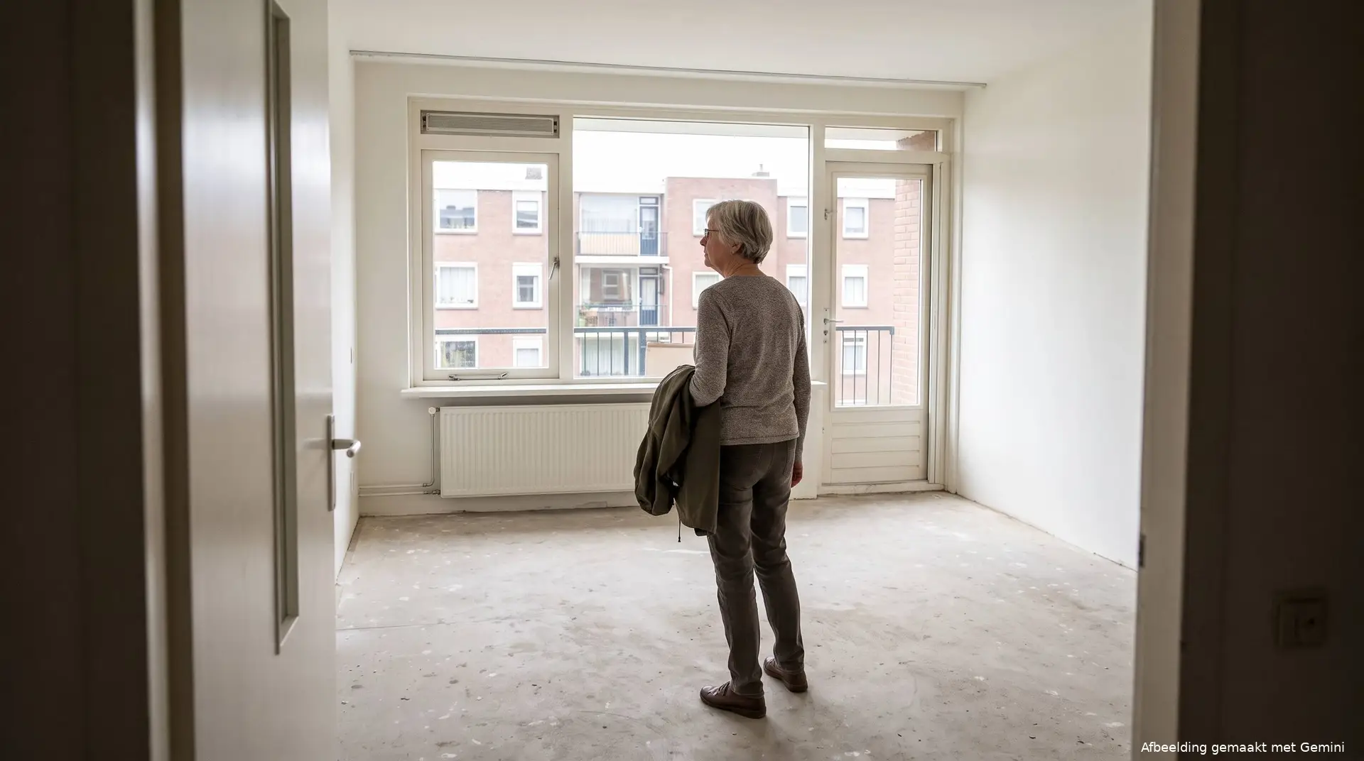 Een oudere vrouw die tijdens een bezichtiging een leeg huurappartement bekijkt.