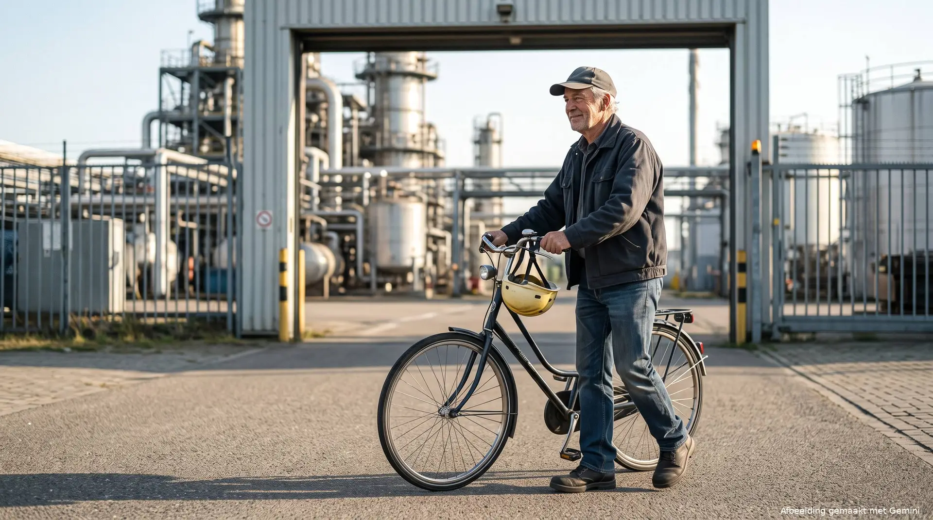 Illustratie van een oudere werknemer die met zijn fiets een industrieterrein verlaat.