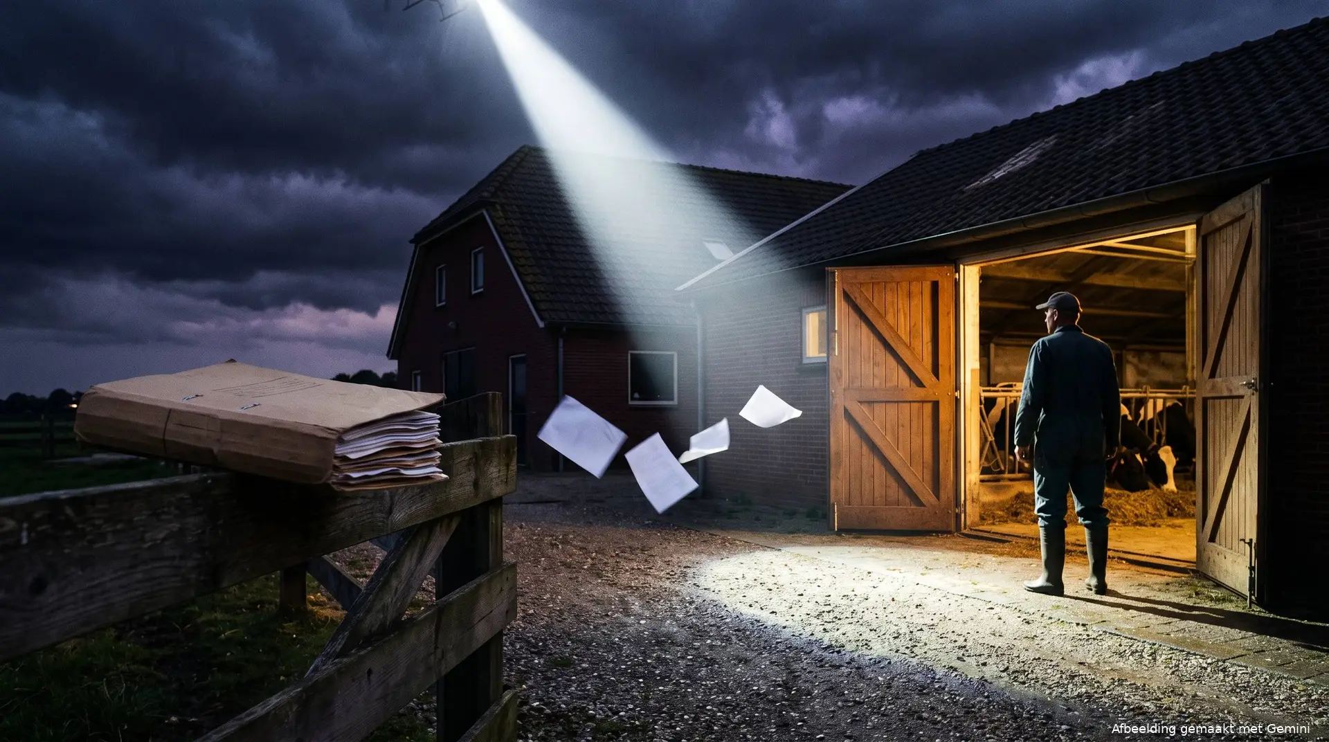 Boer in de deuropening van zijn stal terwijl een fel zoeklicht op het erf schijnt, over de vrijgegeven boerengegevens