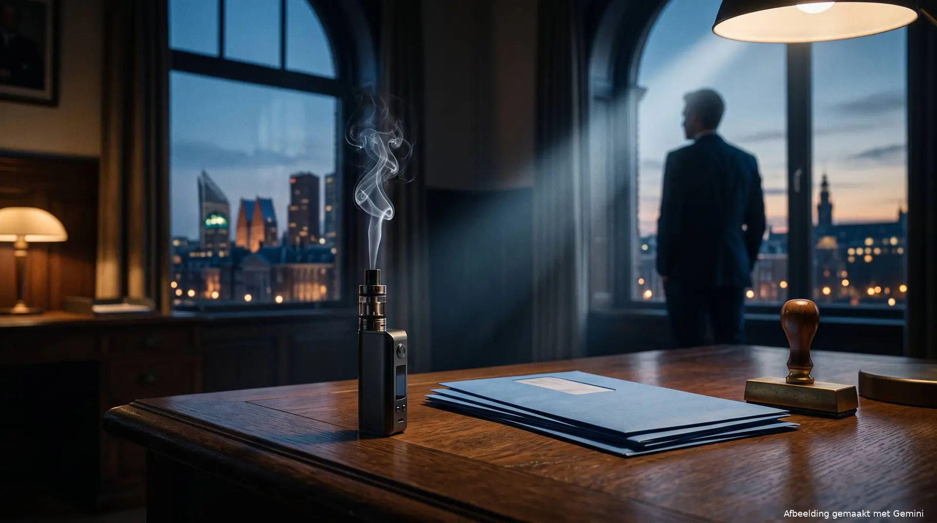 E-sigaret met dampwolk op een bureau van een ministerie naast blauwe belastingenveloppen, over de vape-accijns