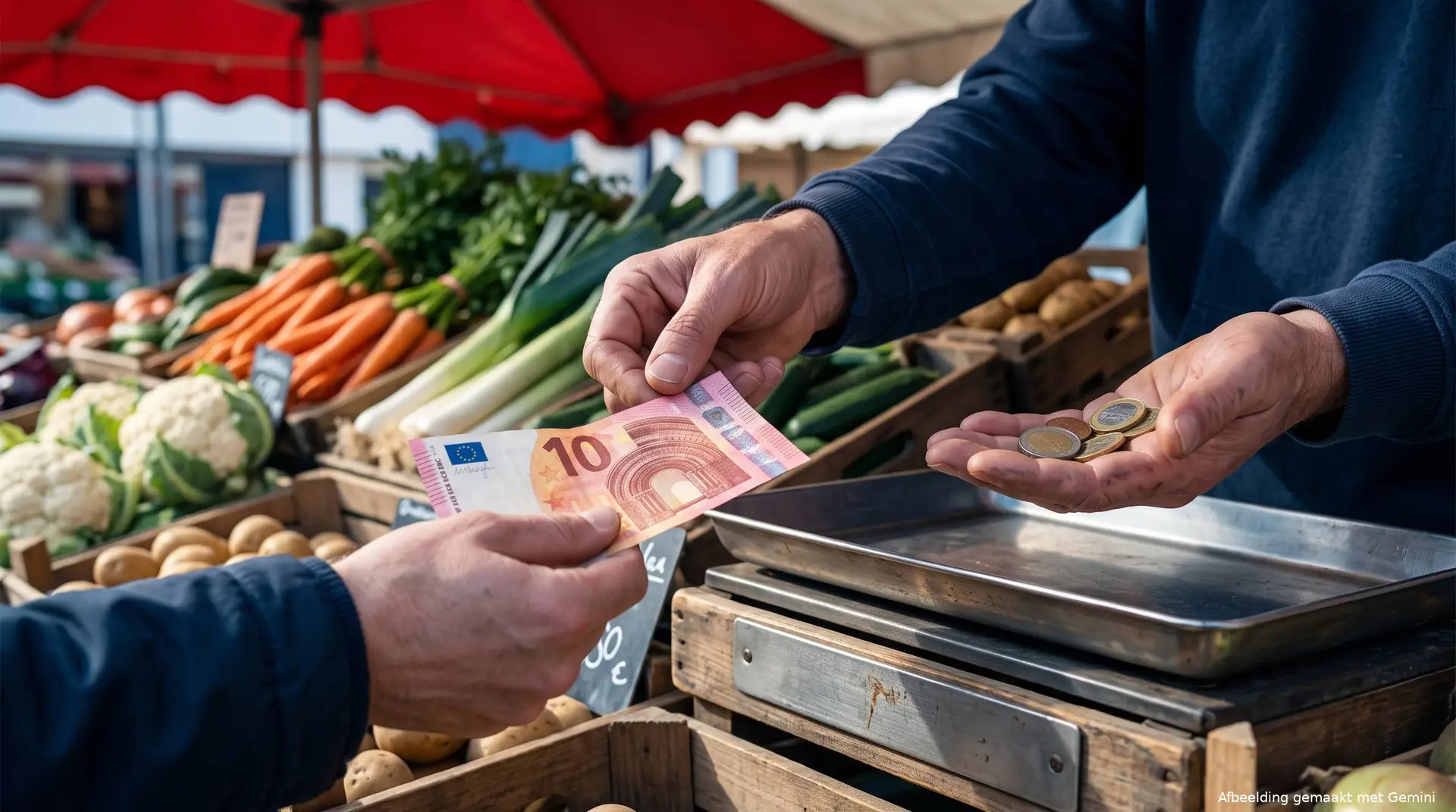 Illustratie van een klant die bij een groentekraam contant betaalt en wisselgeld krijgt.