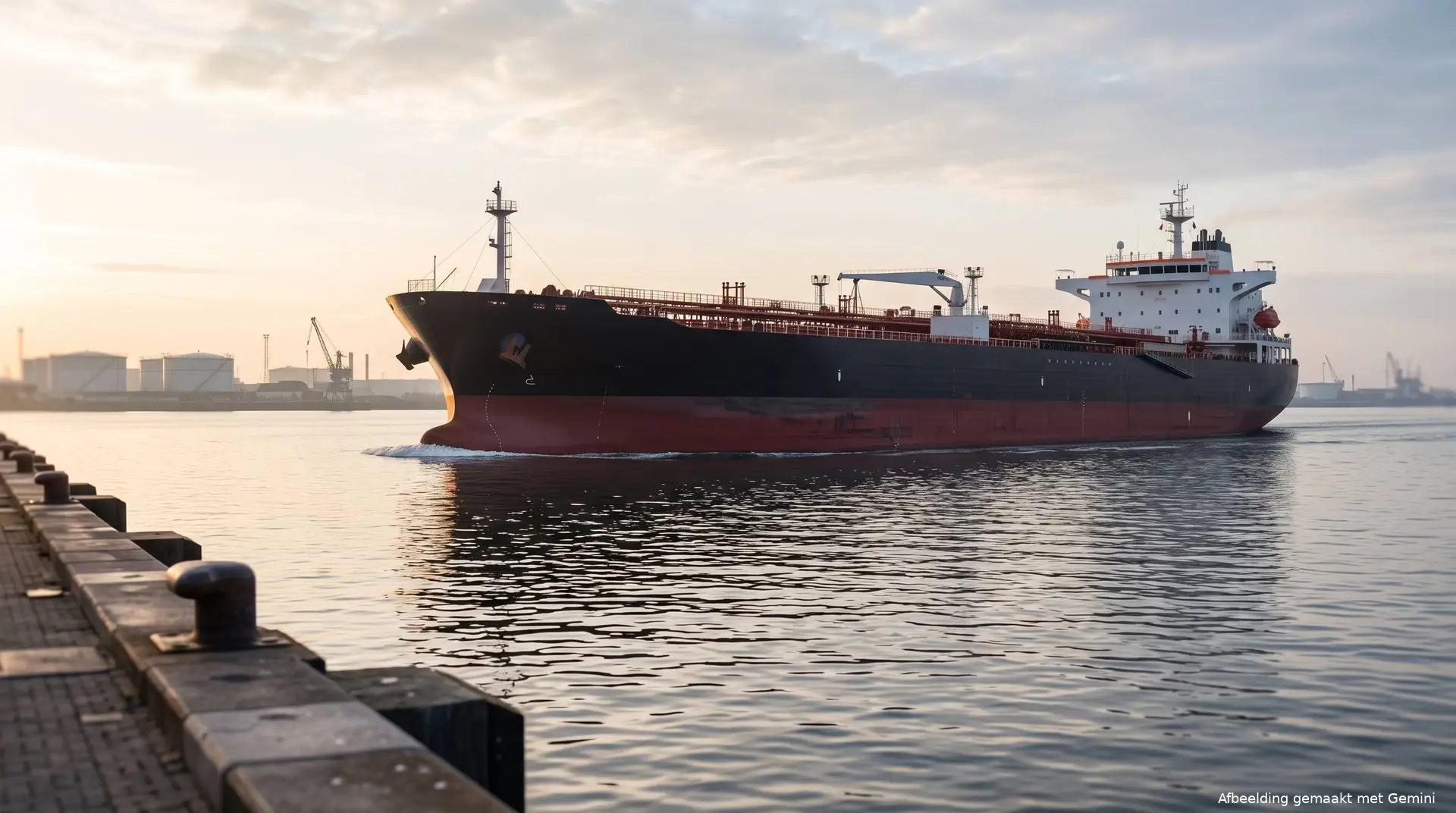 Een grote olietanker op een havenaanloop.