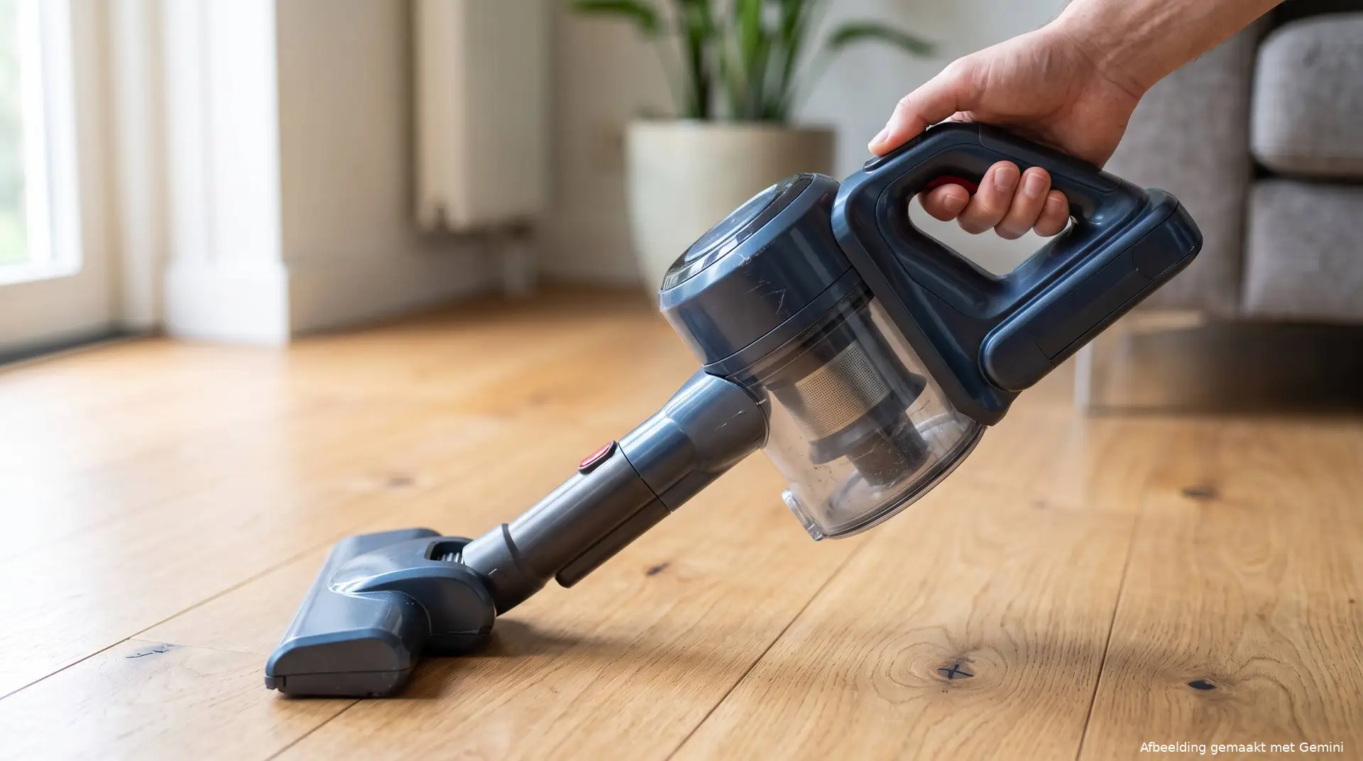 Een hand die de aan-knop van een draadloze stofzuiger indrukt.