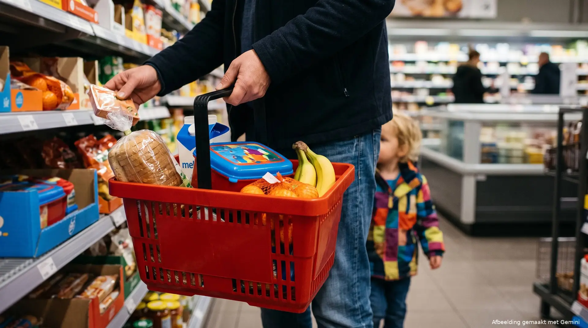 Illustratie van een ouder die boodschappen voor het gezin in een winkelmand legt.