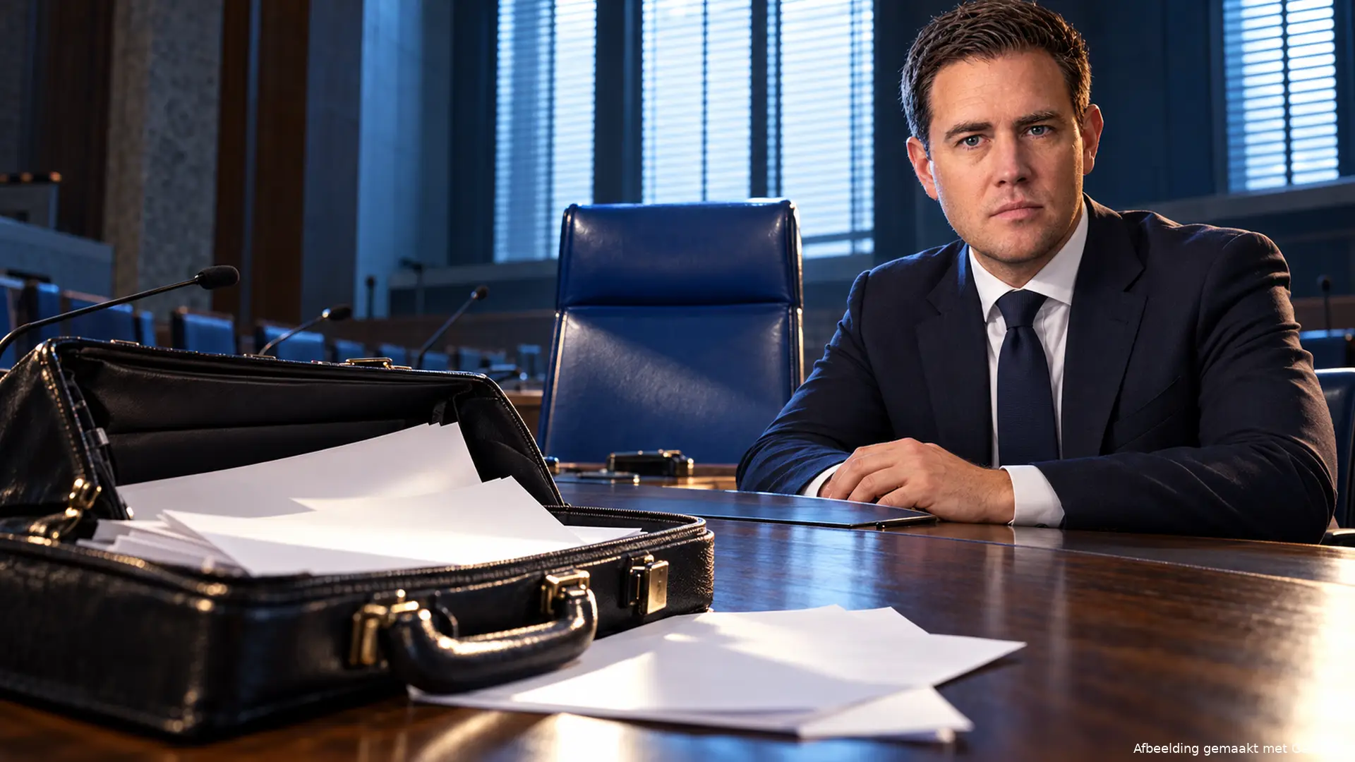 Illustratie van Eelco Heinen in een commissiezaal, naast een lege blauwe ministerstoel en een open aktetas met blanco papier.