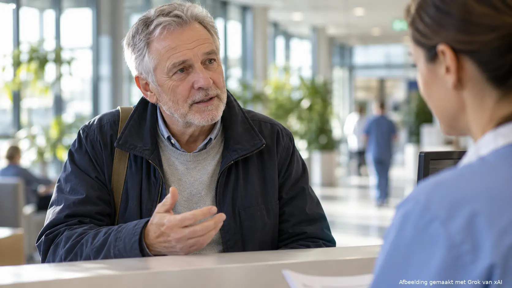 Man van rond de zestig in gesprek met een medewerker bij de inschrijfbalie van een ziekenhuis