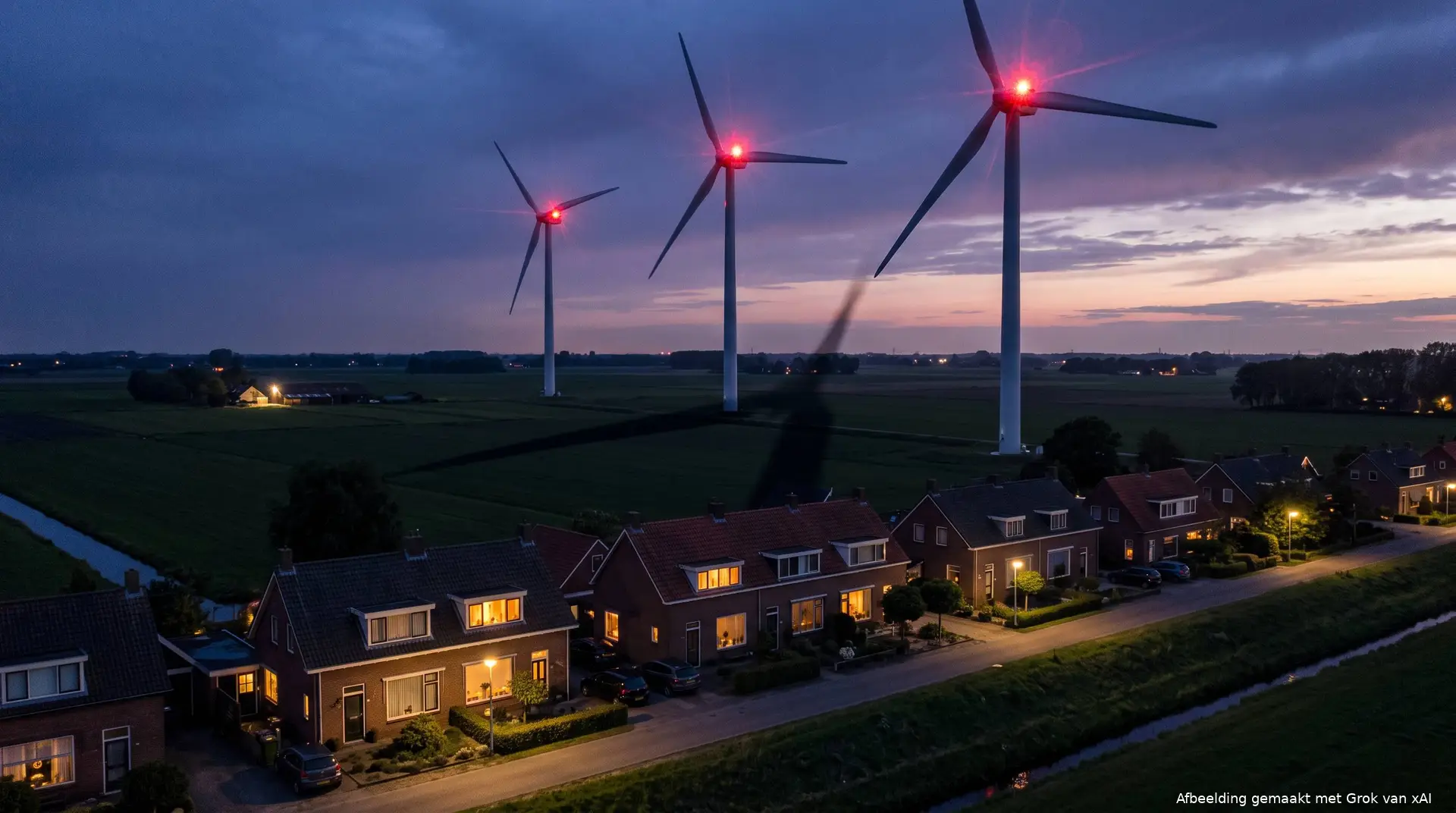 Gigantische windturbines pal achter dorpswoningen met verlichte slaapkamers: terreurturbines naast je huis