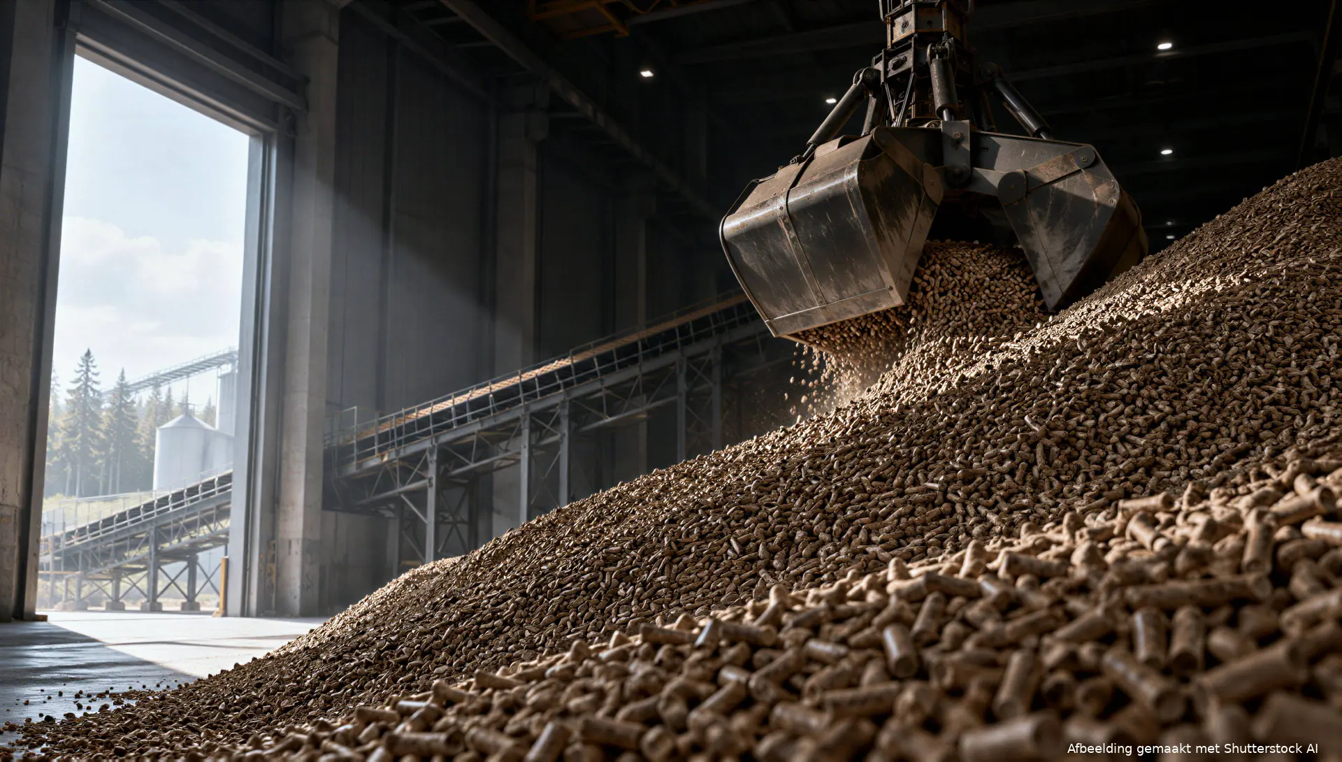 Illustratie van houtpellets in een opslaghal bij vragen over biomassasubsidies en herkomstcontroles.