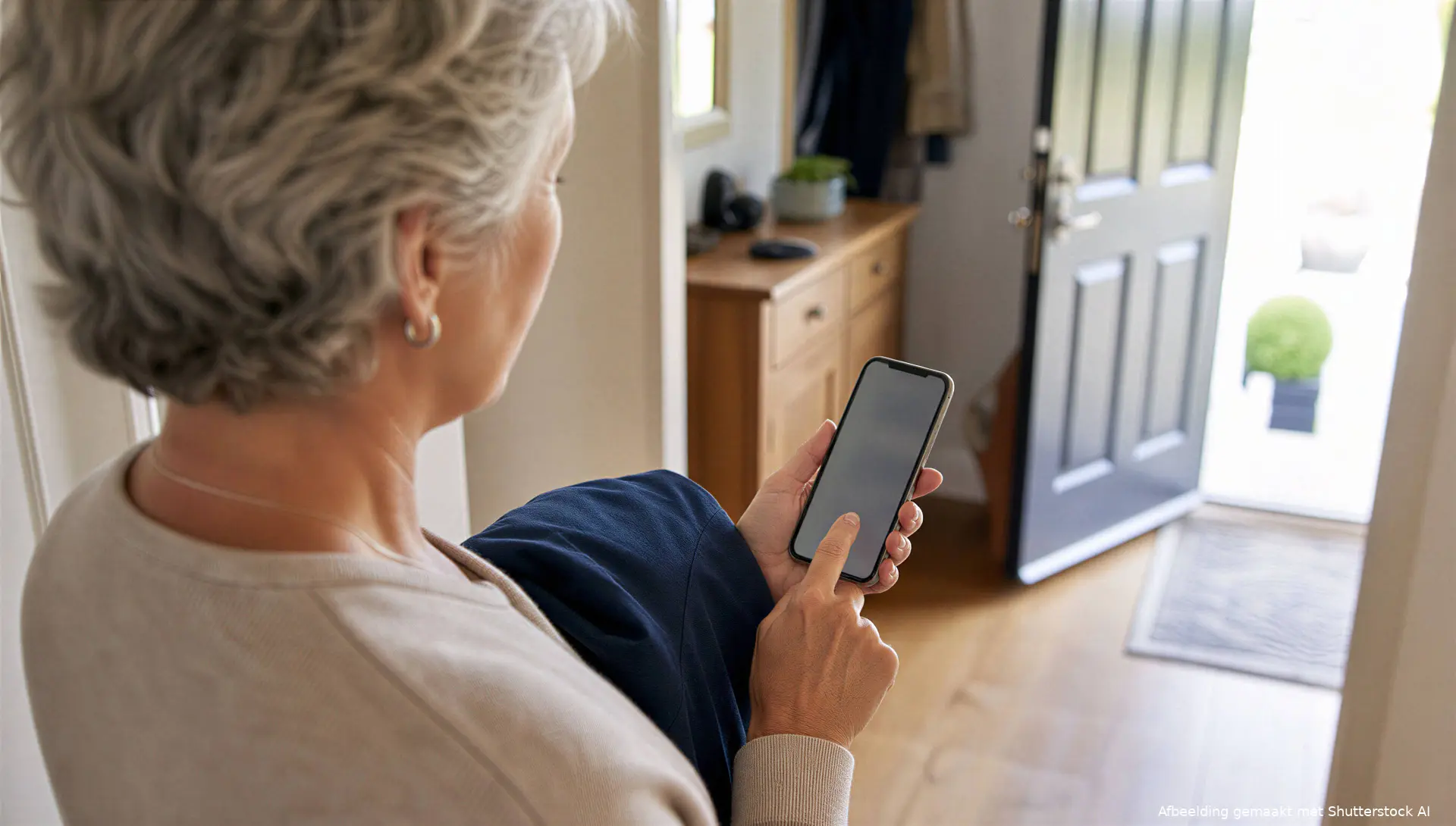 Illustratie van een oudere vrouw die haar telefoon gebruikt voor digitale administratie.