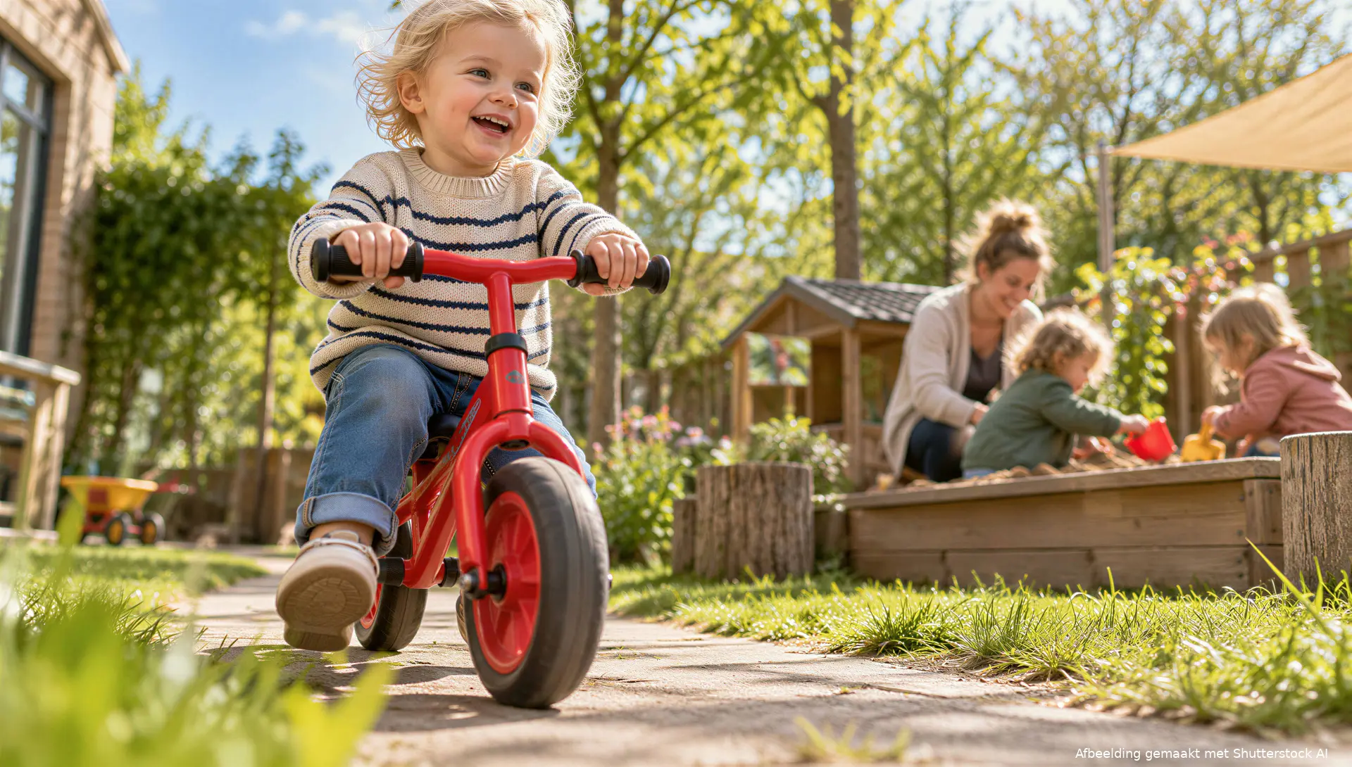 Illustratie van een peuter op een loopfiets bij de kinderopvang.