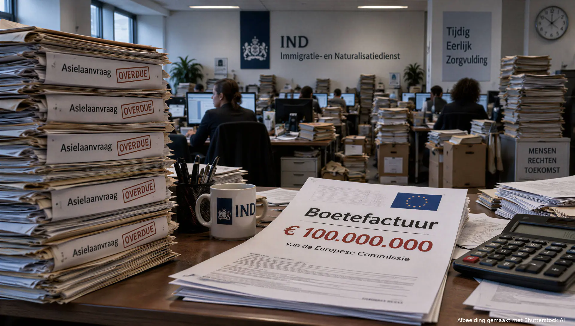IND-kantoor met stapels dossiers en een torenhoge dwangsom-rekening.