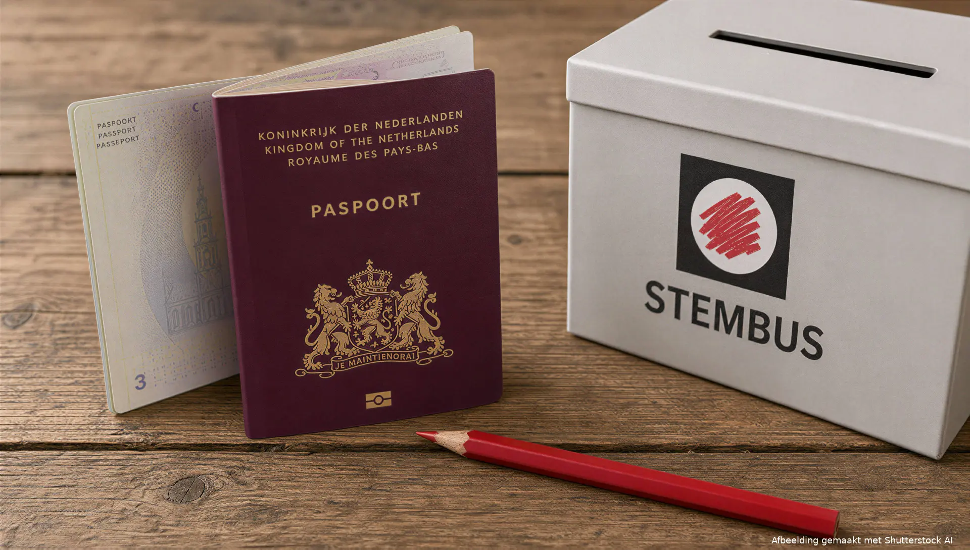 Nederlands paspoort en rood potlood bij een stembus.
