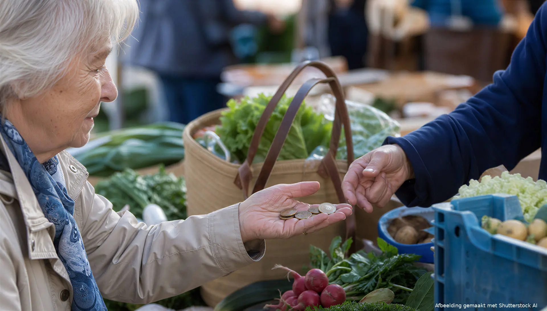 Illustratie van een oudere vrouw die haar boodschappen op de markt afrekent.