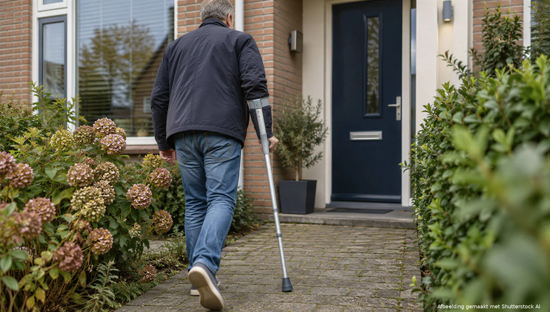 Illustratie van een man die tijdens zijn herstel met een kruk naar huis loopt.
