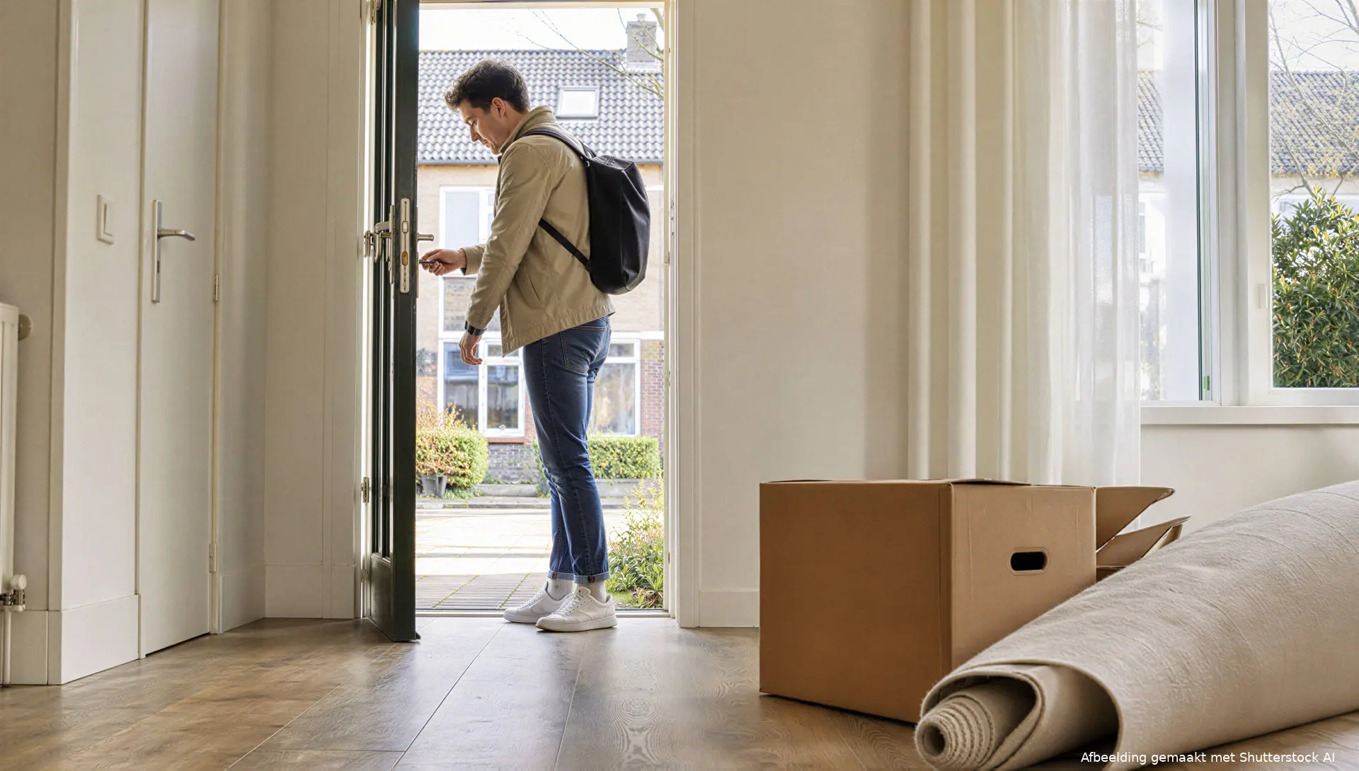 Illustratie van een koper met de sleutel van een eerste woning.