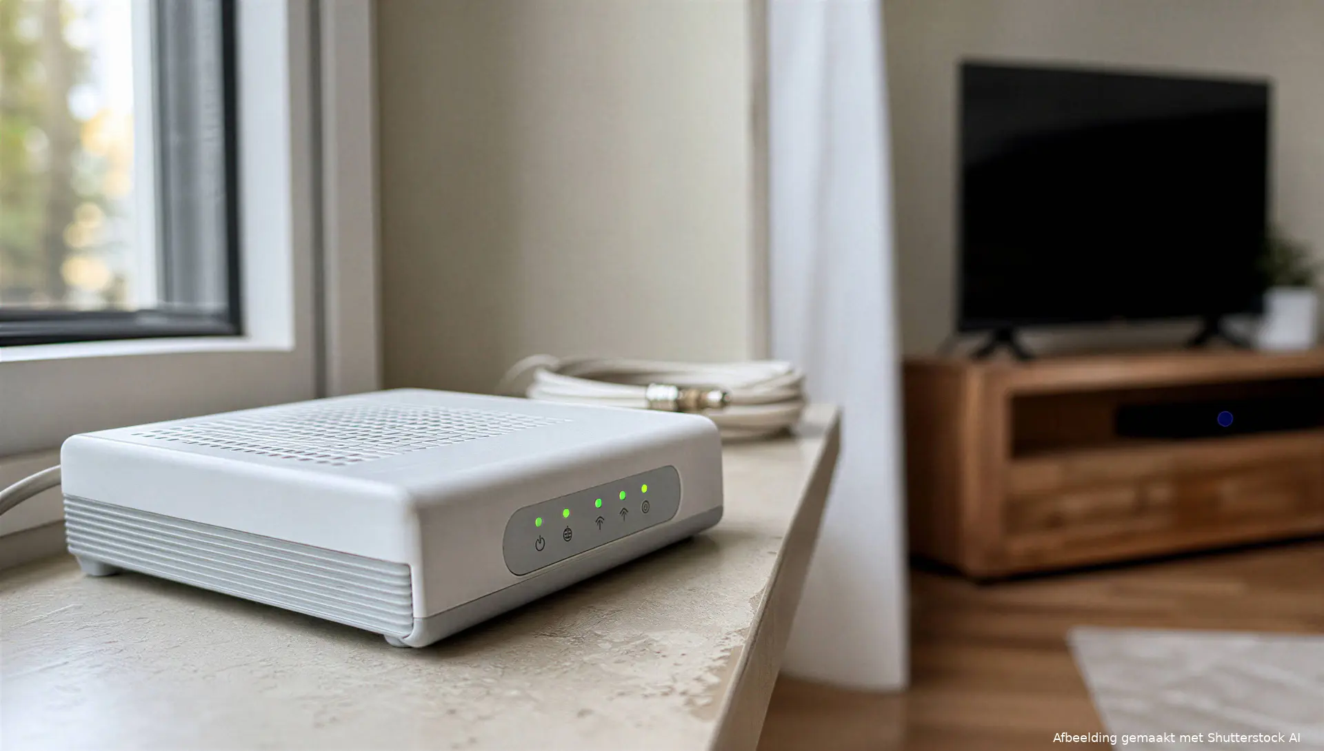 Illustratie van een ouder internetmodem in een woonkamer bij een artikel over abonnementskosten.