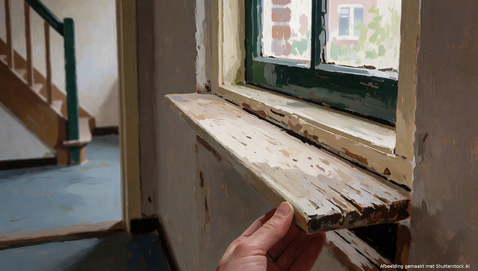 Illustratie van een woningzoeker die tijdens een bezichtiging onderhoud aan een vensterbank bekijkt.