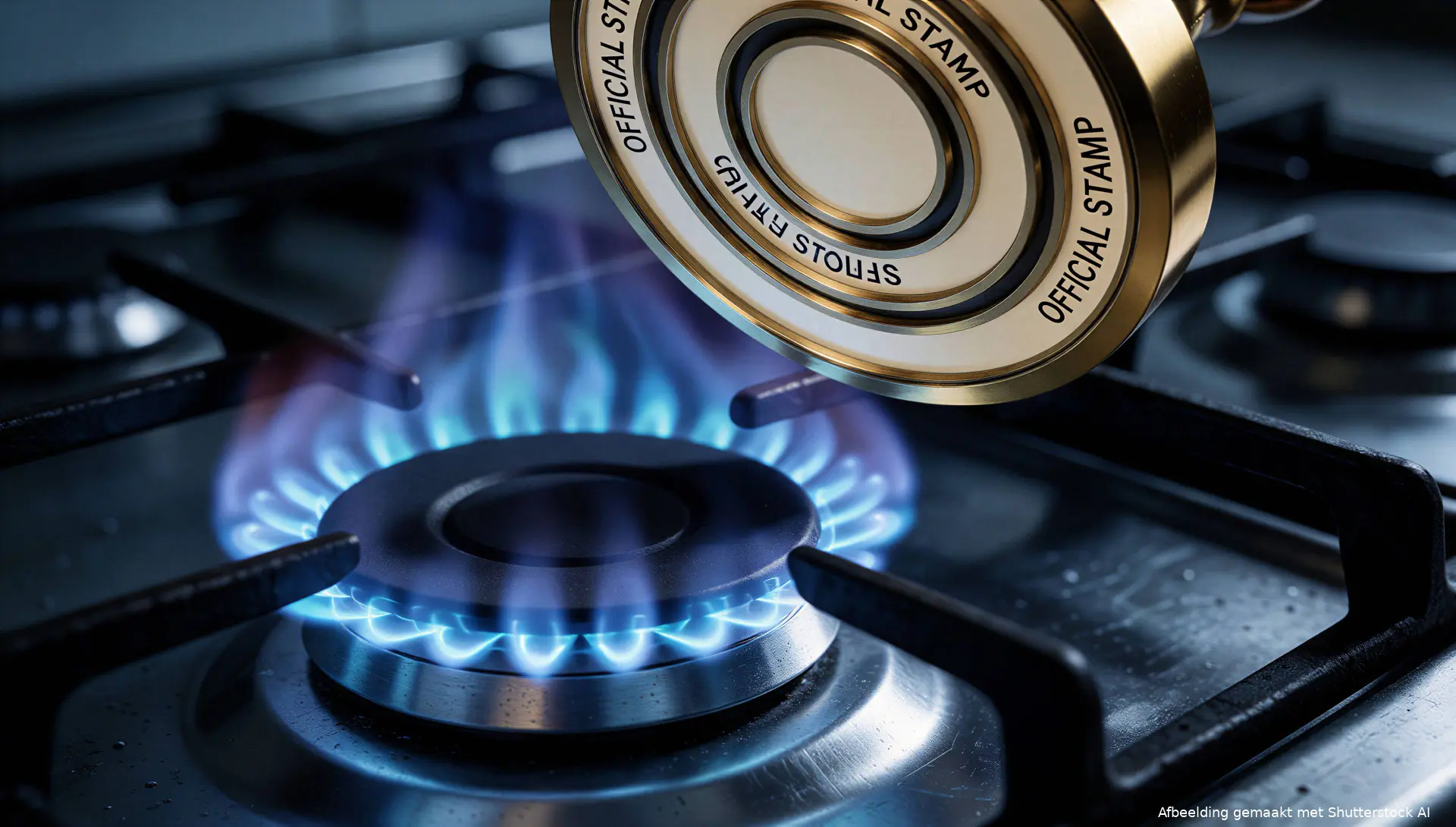 Blauwe gasvlam met ambtelijke stempel als symbool voor de stijgende energiebelasting op aardgas.