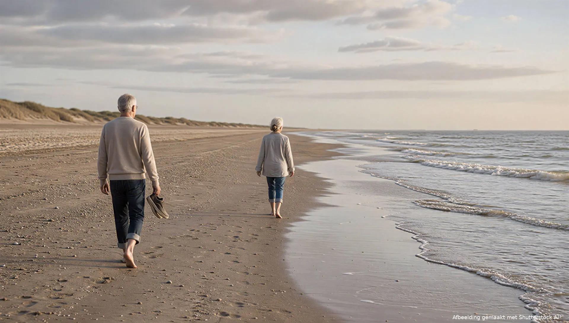 Illustratie van een ouder stel tijdens een rustige strandwandeling in september.