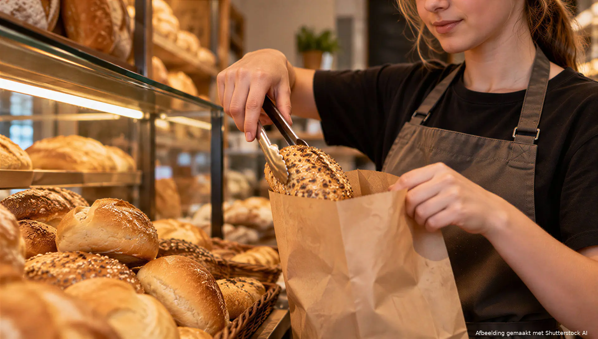 Illustratie van een scholier die tijdens een bijbaan broodjes inpakt in een bakkerij.