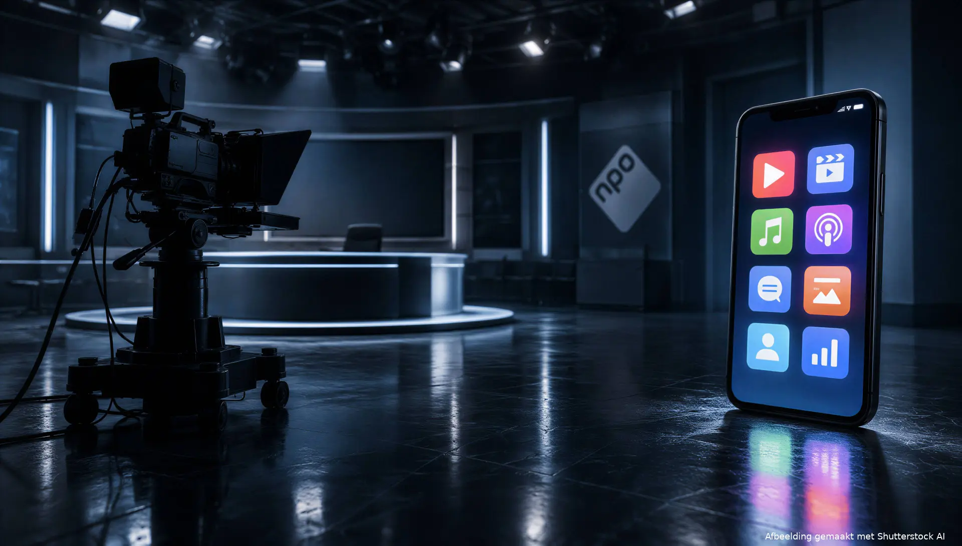 Verlaten televisiestudio met een camera en een smartphone, symbool voor de verschuiving naar streaming bij de NPO.