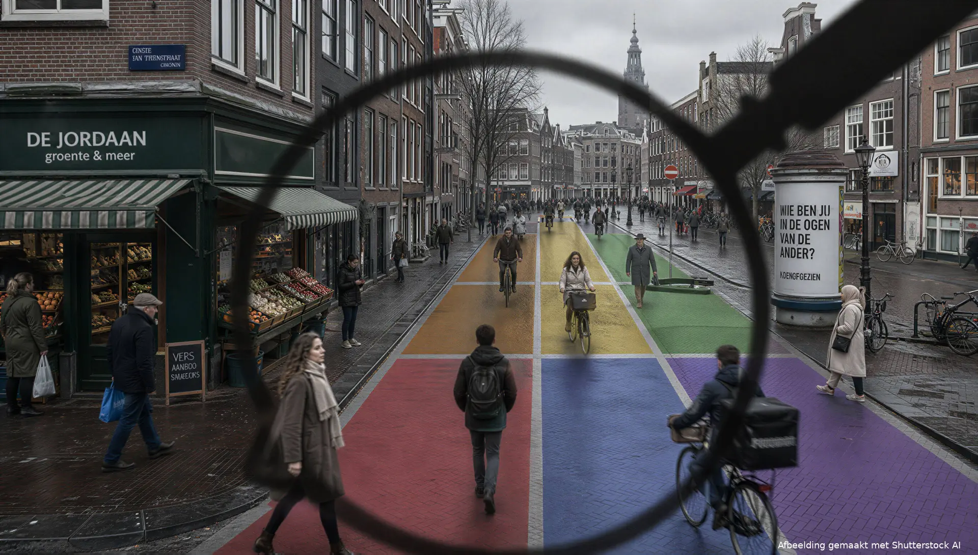 Amsterdamse straat die symbolisch wordt verdeeld door een identitair vergrootglas.