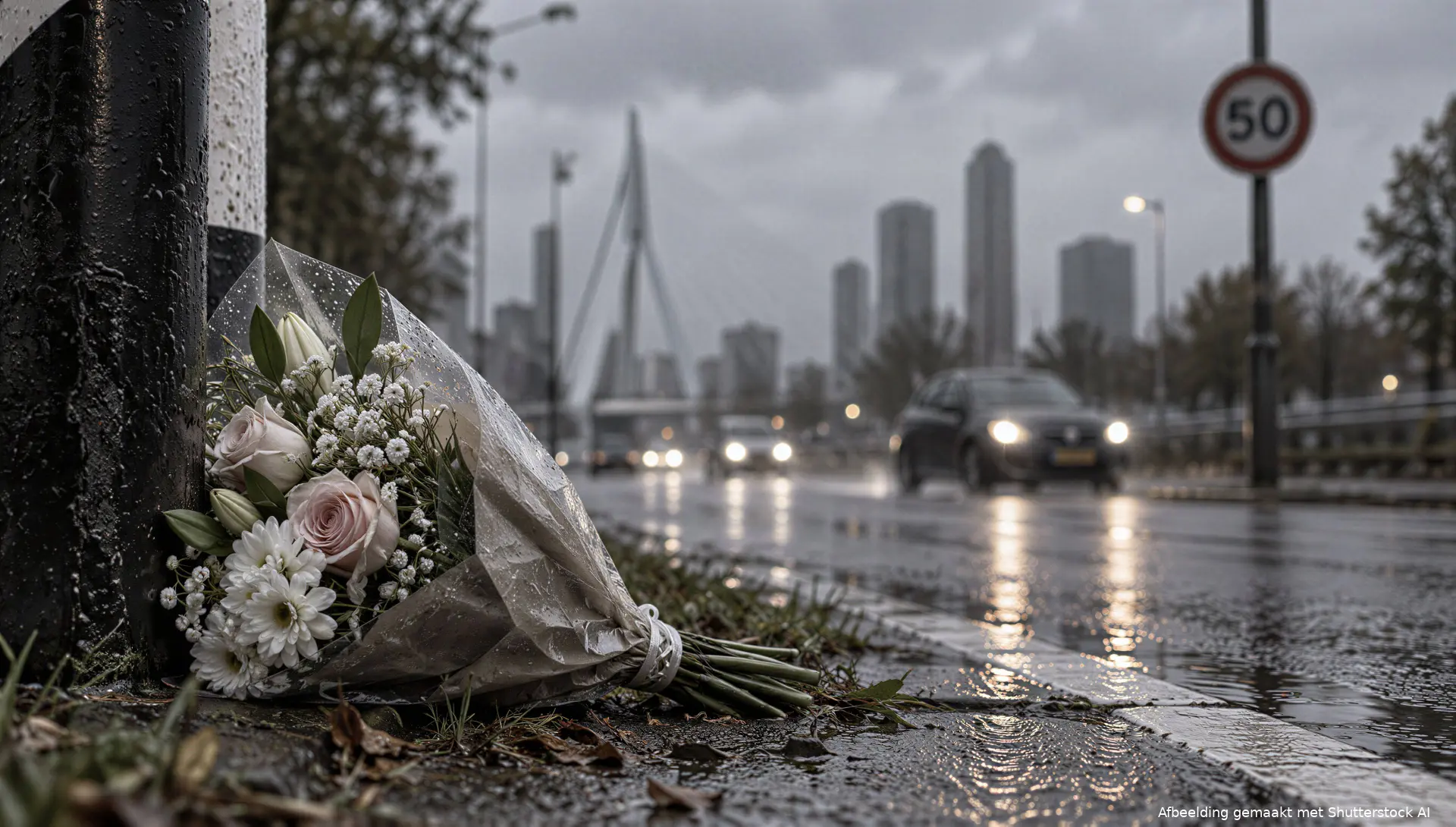 Bloemen langs de weg op de plek van de fatale aanrijding van de zwangere Elisabeth.