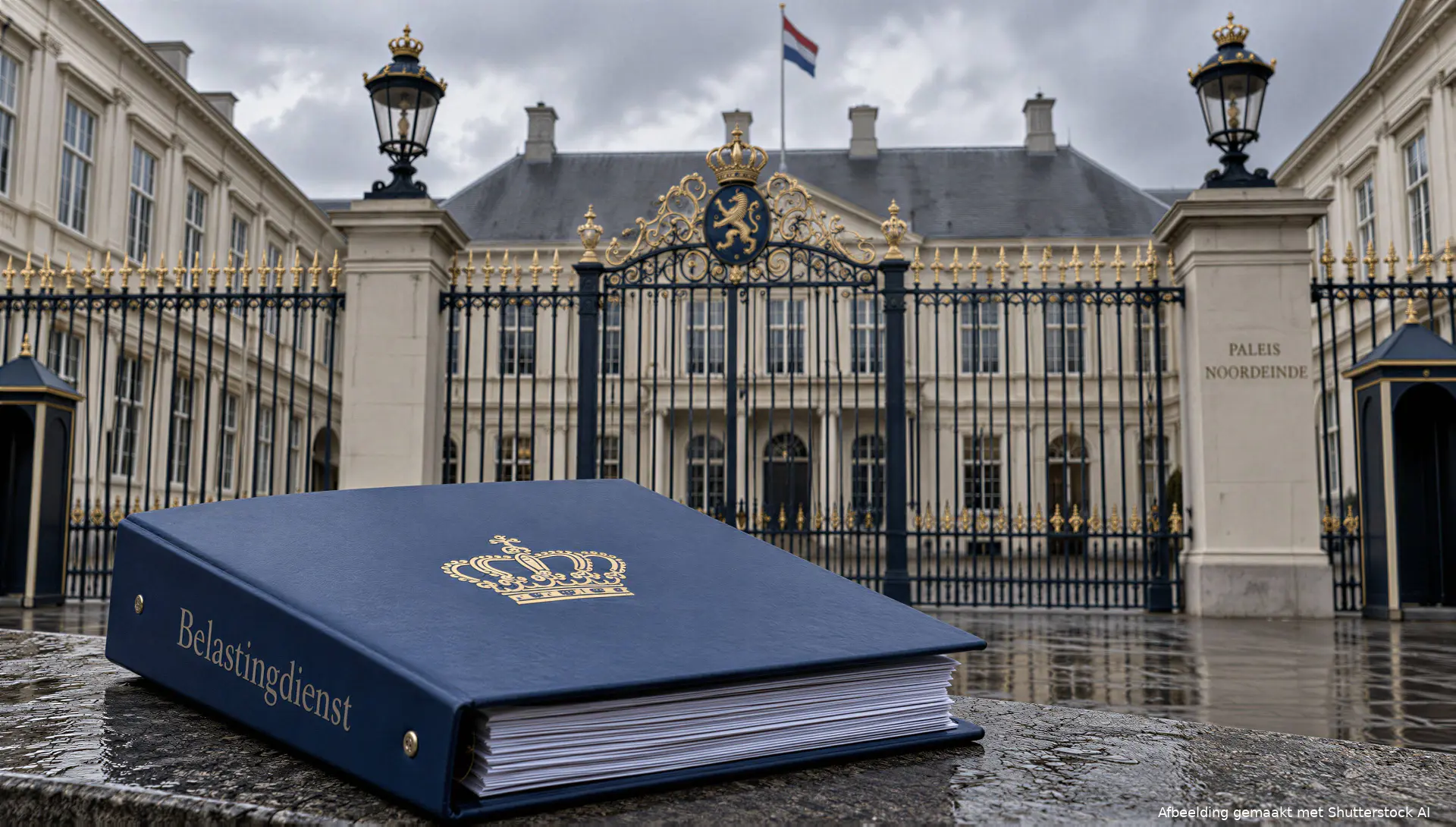 Paleis Noordeinde met een belastingdossier, symbool voor de koninklijke begroting.