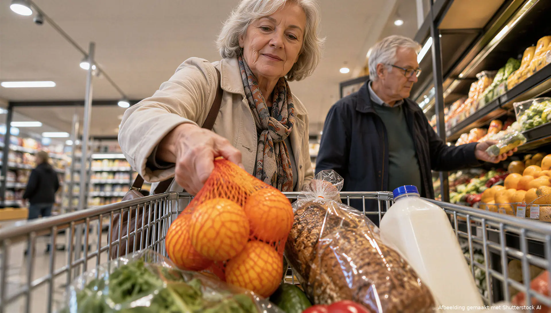 Illustratie van een vrouw die boodschappen doet, bij uitleg over belastingkorting voor een partner met weinig inkomen.