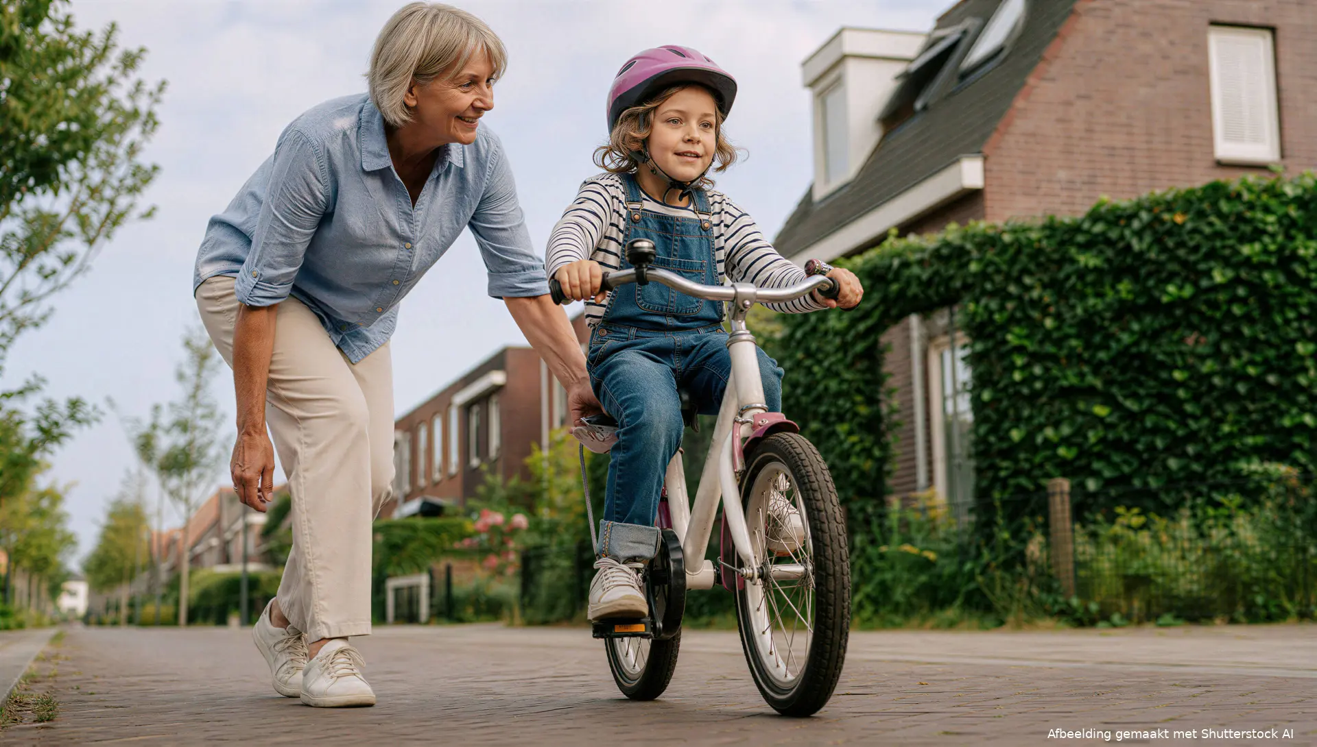 Illustratie van een oma die een kind leert fietsen, bij uitleg over AOW-opbouw tijdens jaren zonder betaald werk.