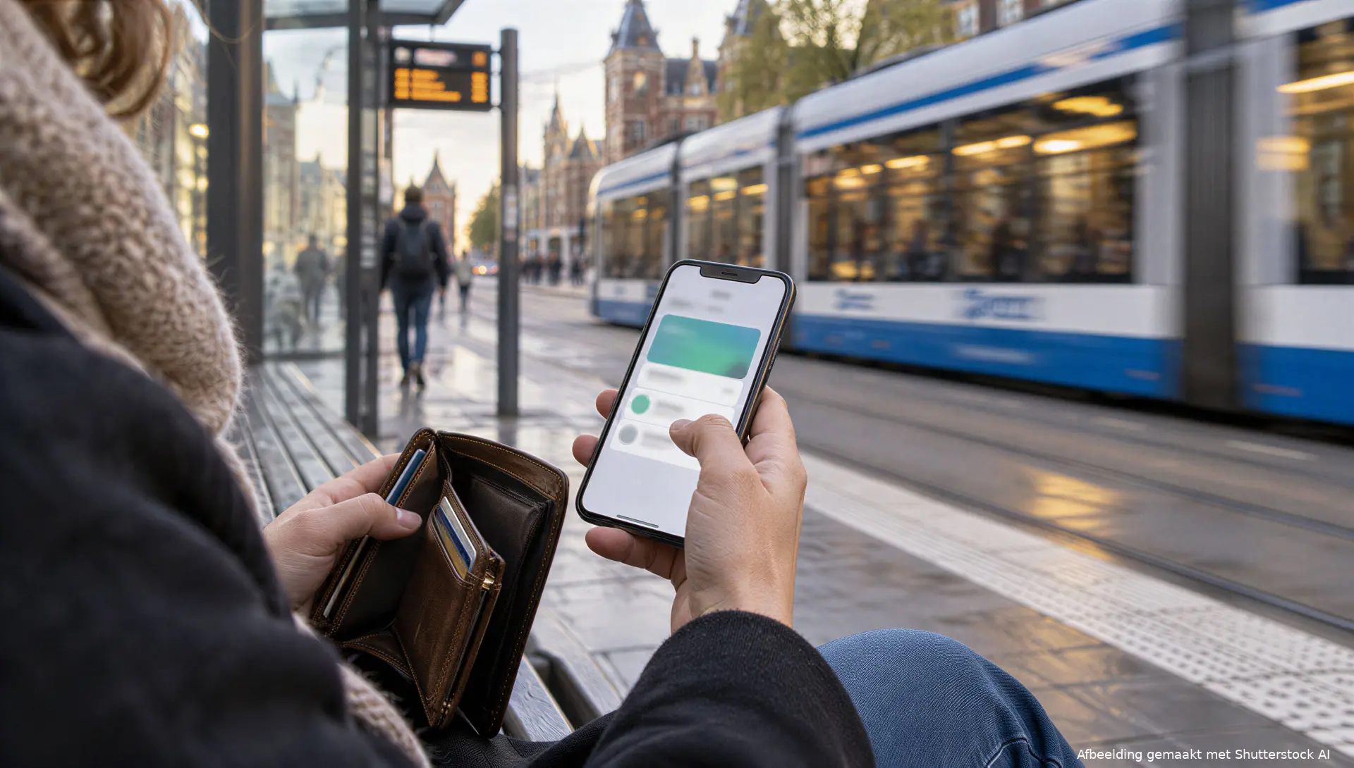Iemand controleert een betaling op een smartphone bij een tramhalte.