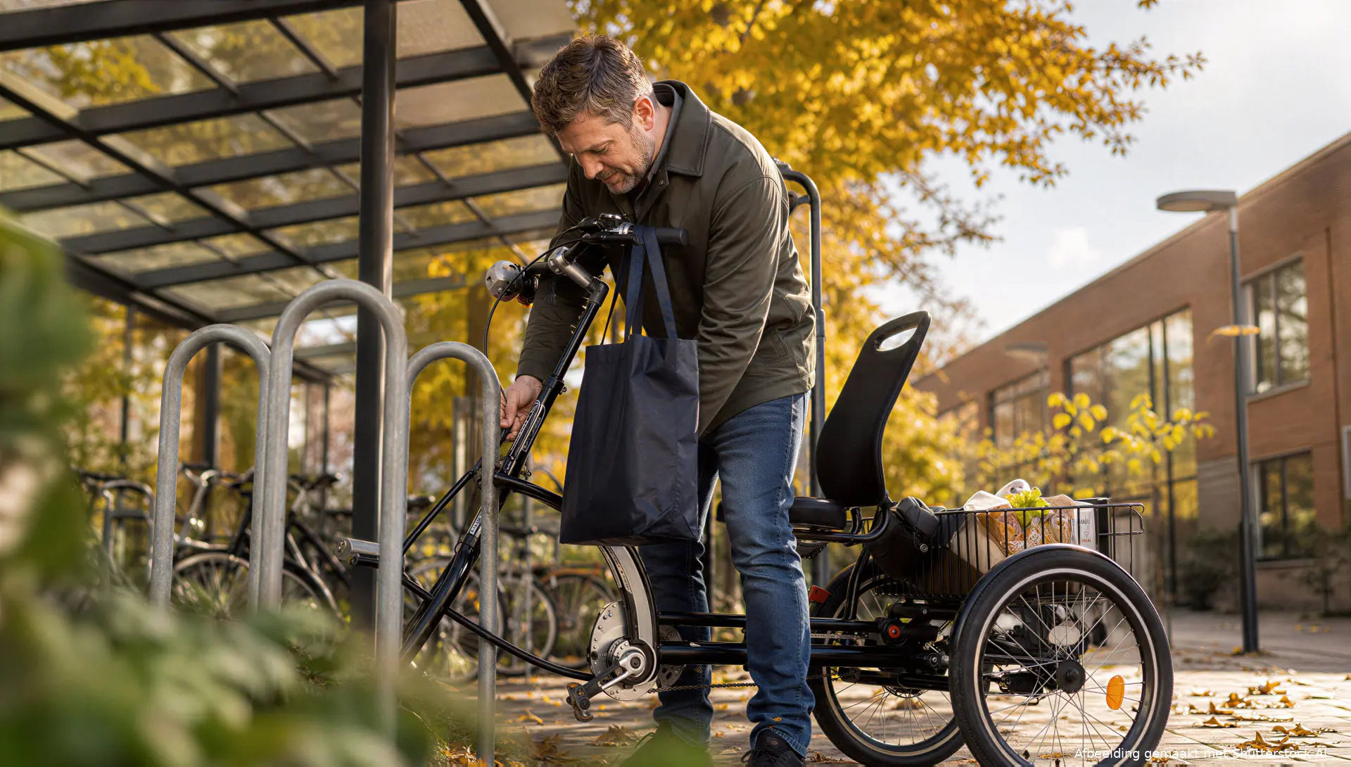 AI-illustratie van een man met een aangepaste fiets bij een boodschappenrit.