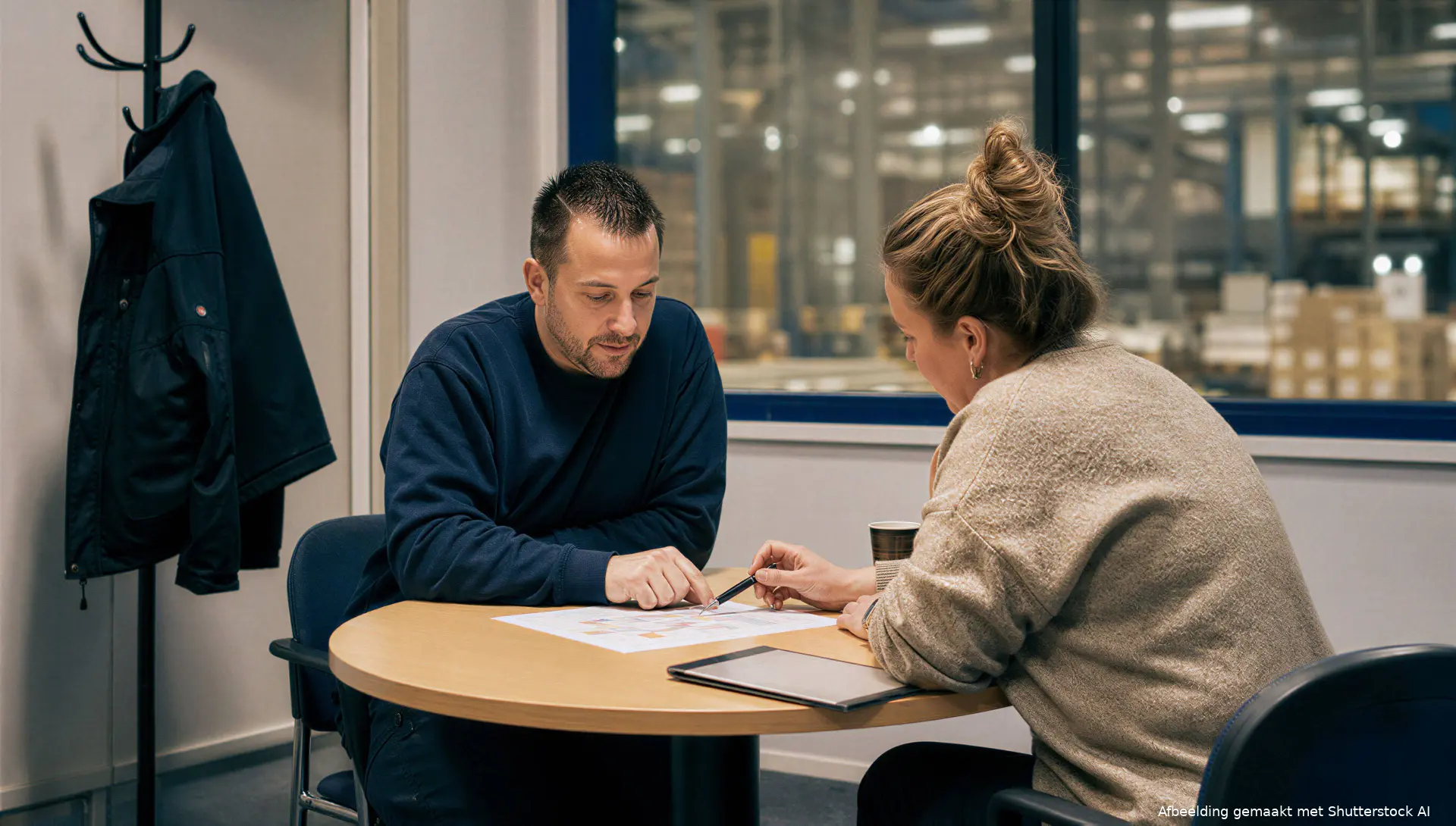 Illustratie van een medewerker die een werkrooster bespreekt tijdens re-integratie.
