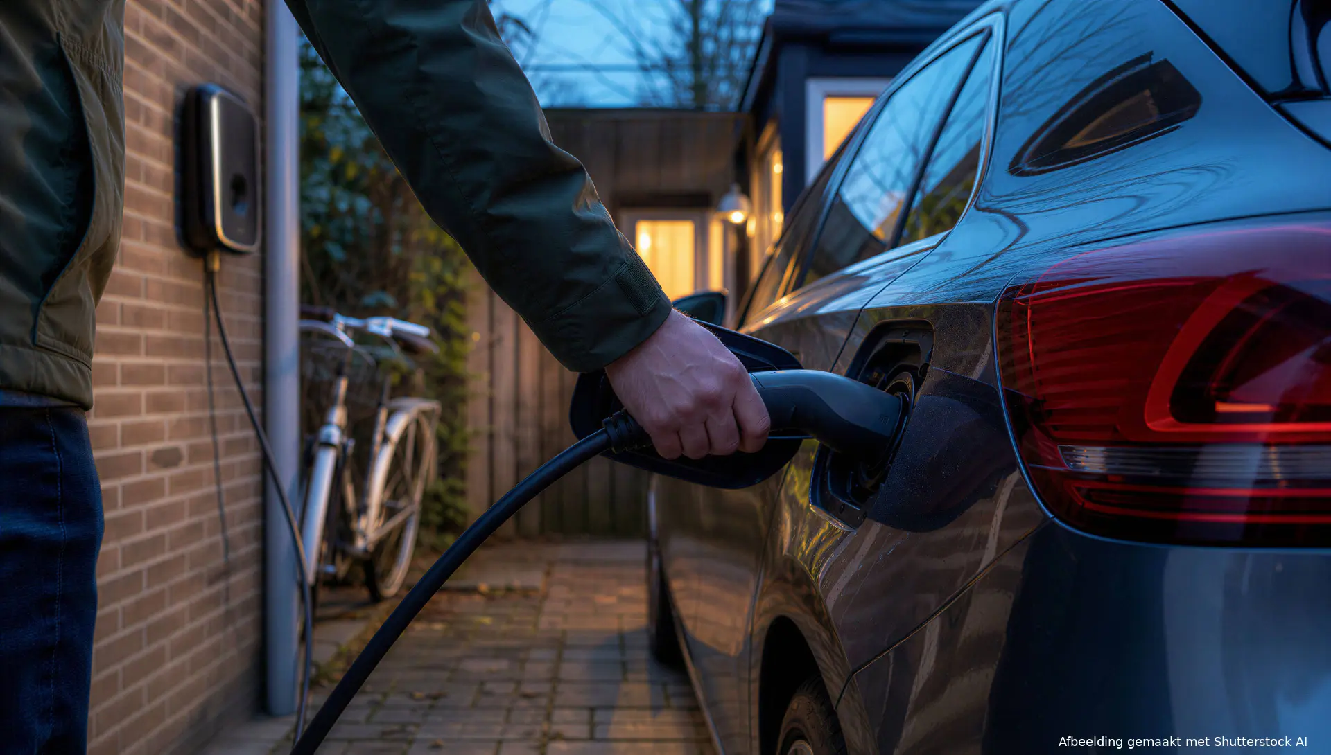 Illustratie van een elektrische auto die op een oprit thuis wordt opgeladen.