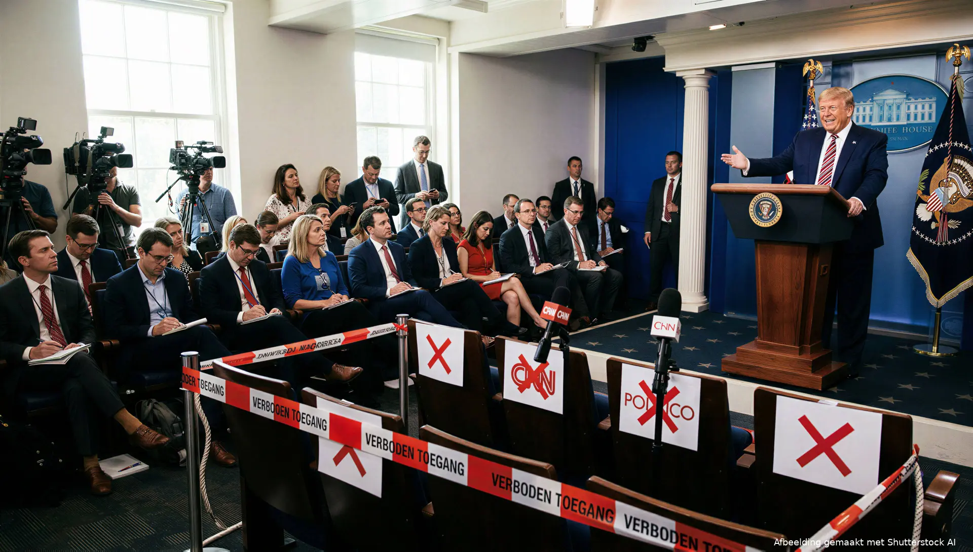 Lege stoelen in de perszaal van het Witte Huis nadat Donald Trump CNN en Politico de toegang heeft ontzegd.