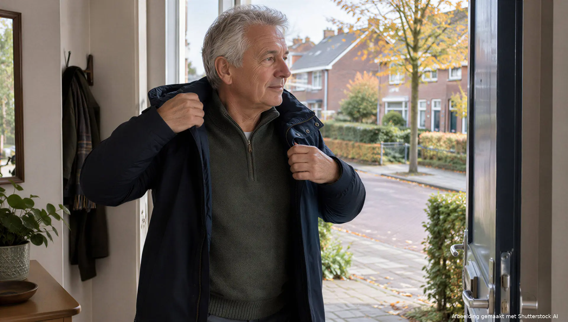 Man van 66 trekt zijn jas aan voor een wandeling in een Nederlandse woonwijk.