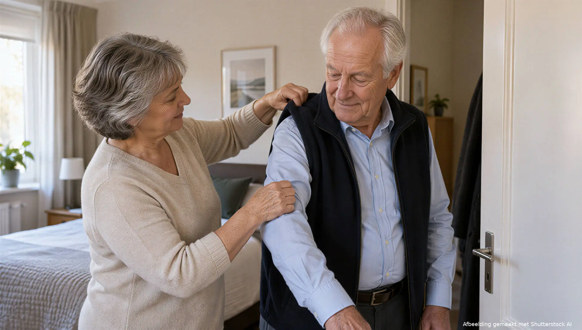 Vrouw helpt haar partner met het aantrekken van een vest tijdens de dagelijkse mantelzorg.